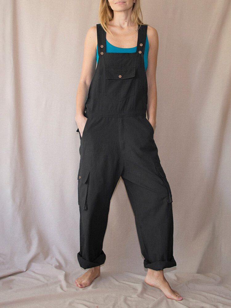 Kvinner Ensfargede Stropper Knappdetalj Frontlomme Uformell Loose Cargo Jumpsuit