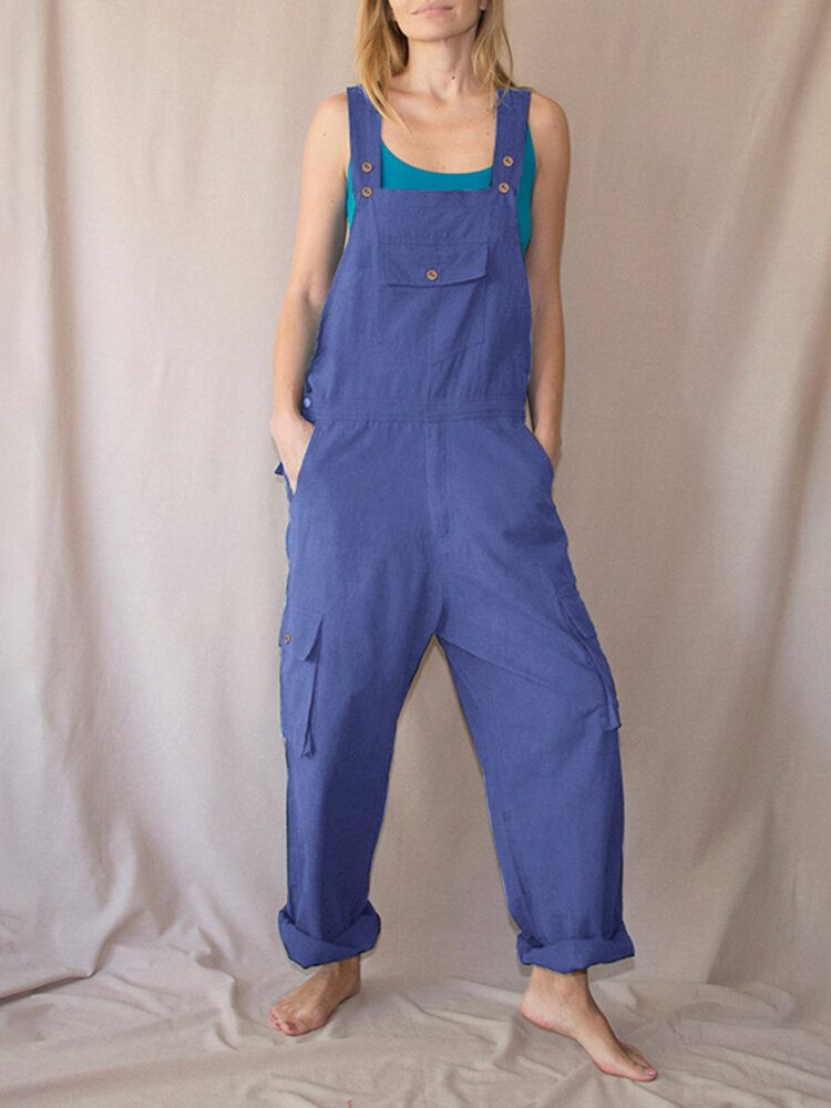 Kvinner Ensfargede Stropper Knappdetalj Frontlomme Uformell Loose Cargo Jumpsuit