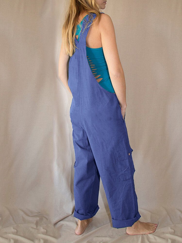 Kvinner Ensfargede Stropper Knappdetalj Frontlomme Uformell Loose Cargo Jumpsuit