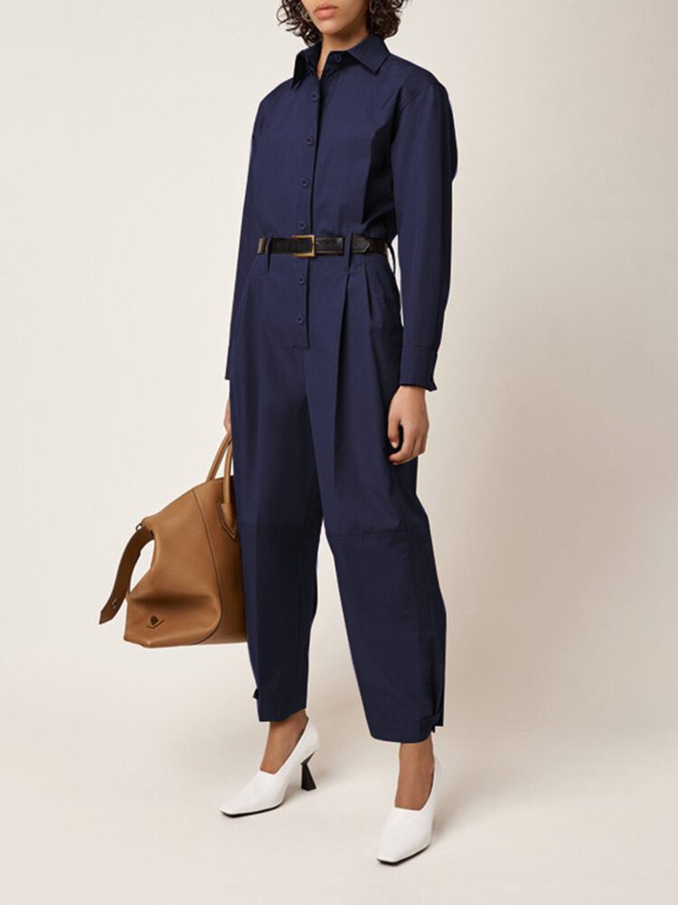 Kvinner Ensfarget Button Up Lapel Langermet Casual Stitching Cargo Jumpsuit