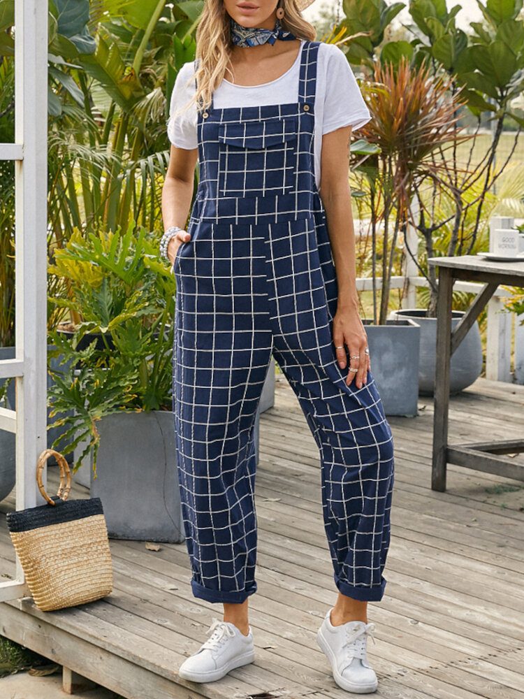 Kvinner Grid Justerbare Strappy Ermeløse Jumpsuits Med Klafflomme