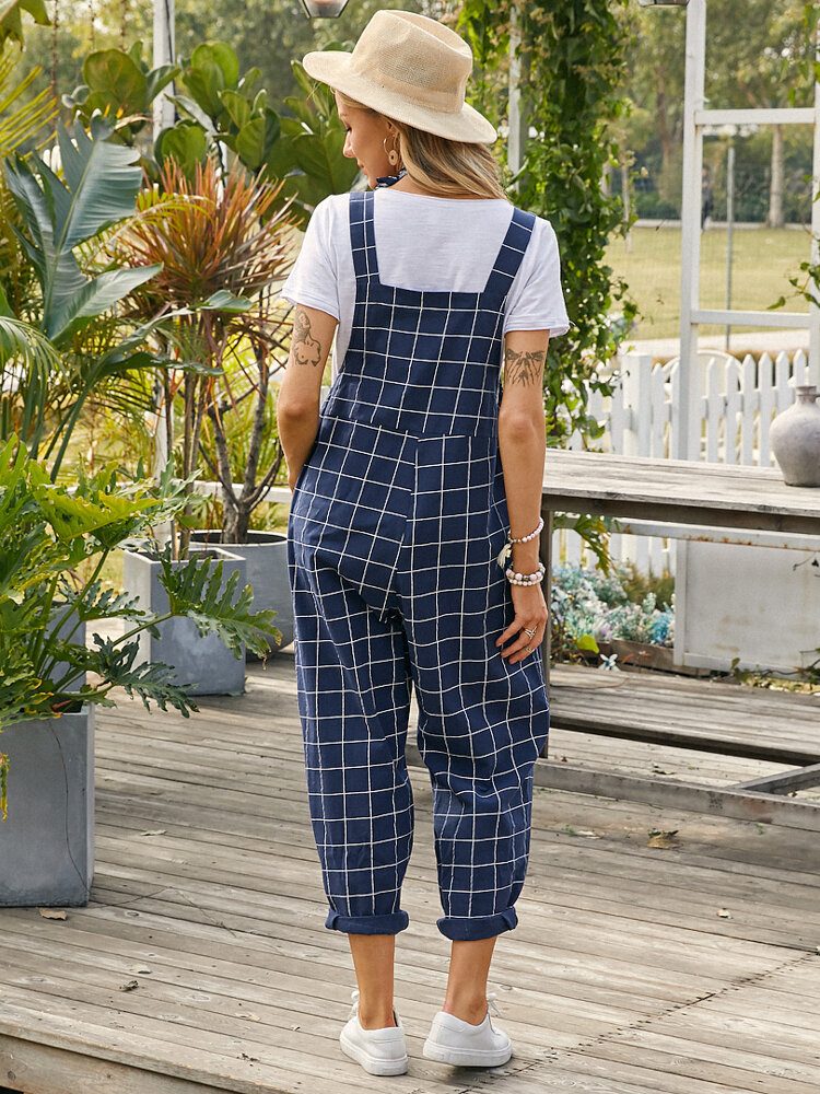 Kvinner Grid Justerbare Strappy Ermeløse Jumpsuits Med Klafflomme