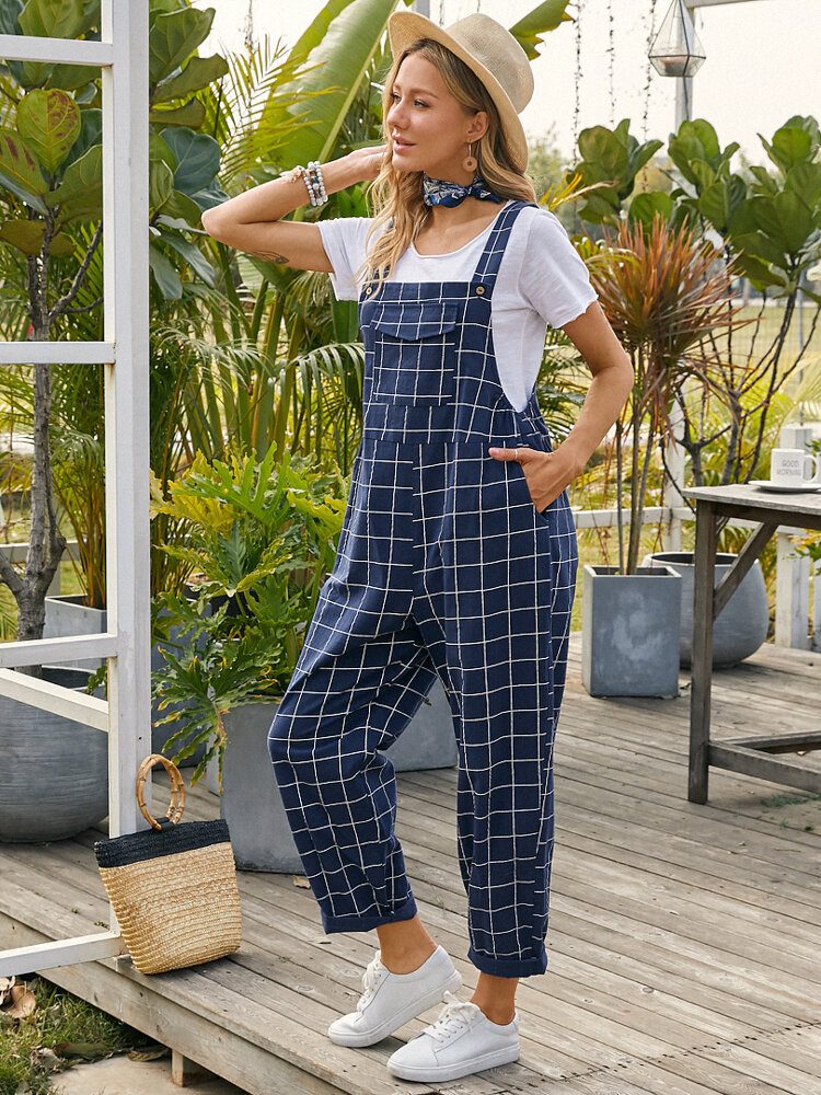 Kvinner Grid Justerbare Strappy Ermeløse Jumpsuits Med Klafflomme