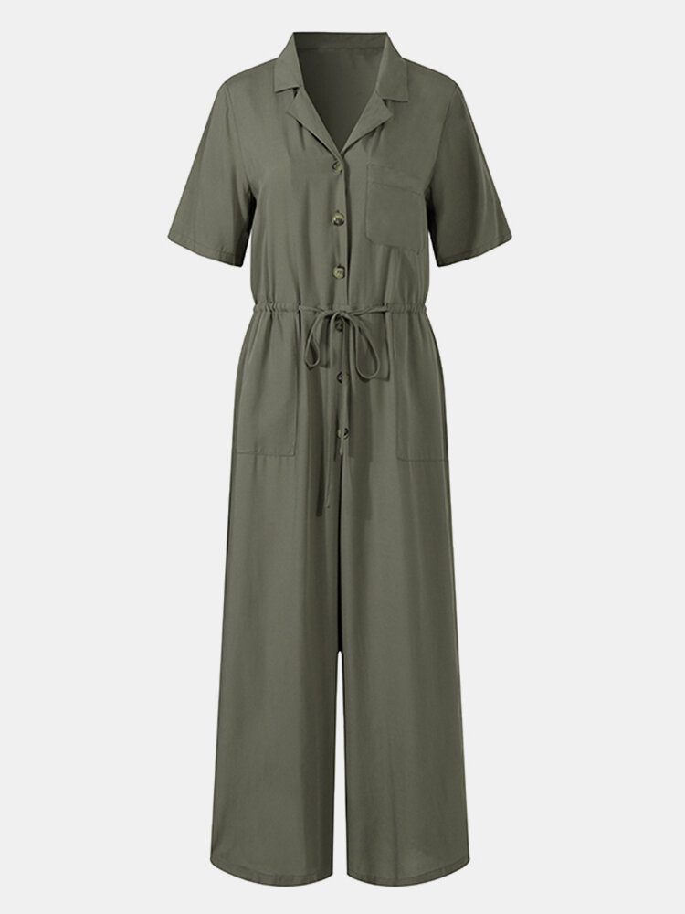 Kvinner Knapp Foran Camp Krage Cargo Style Kortermede Jumpsuits Med Lomme