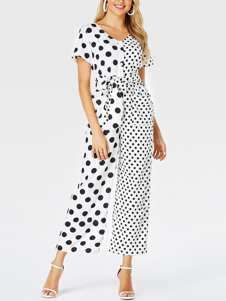 Kvinner Polka Dots Print Patchwork Knyttet Kortermet Casual Jumpsuit Med Lomme