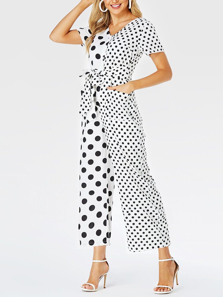 Kvinner Polka Dots Print Patchwork Knyttet Kortermet Casual Jumpsuit Med Lomme