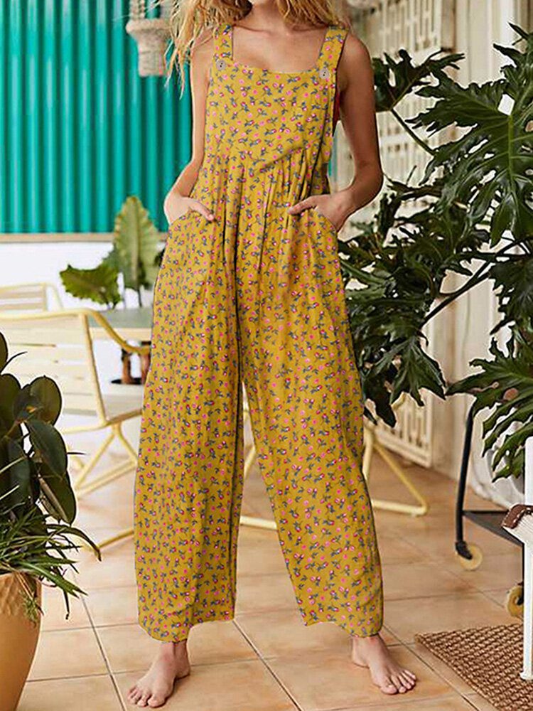 Kvinner Vintage Ditsy Blomstertrykk Dobbellomme Uformelle Strappy Jumpsuits