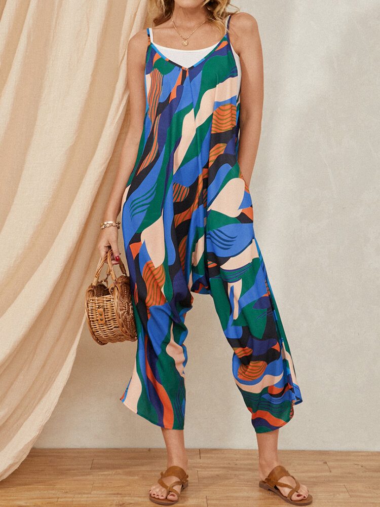 Multicolor Color Block Print Snøring Lommestropp Uformell Jumpsuit