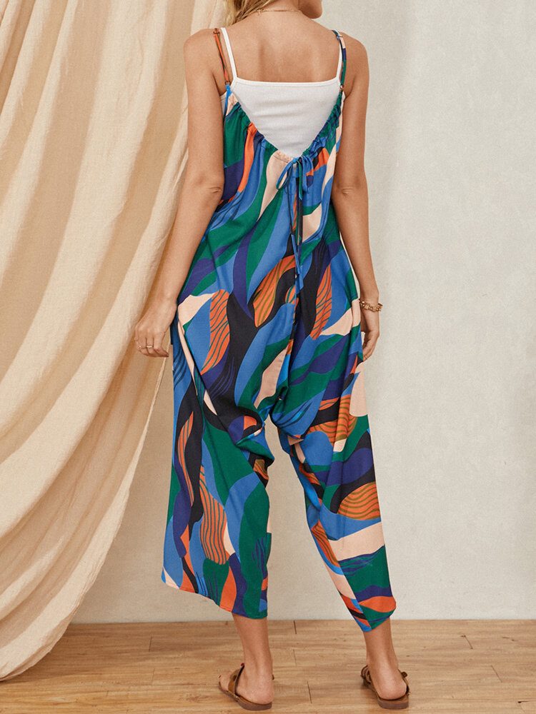 Multicolor Color Block Print Snøring Lommestropp Uformell Jumpsuit