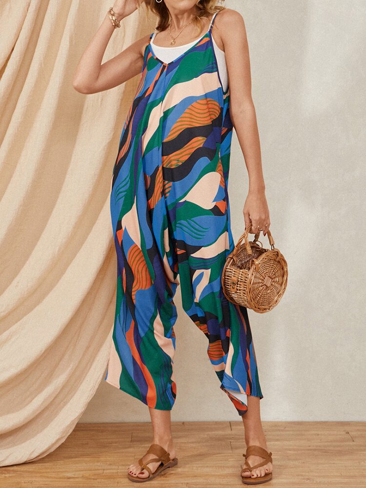 Multicolor Color Block Print Snøring Lommestropp Uformell Jumpsuit