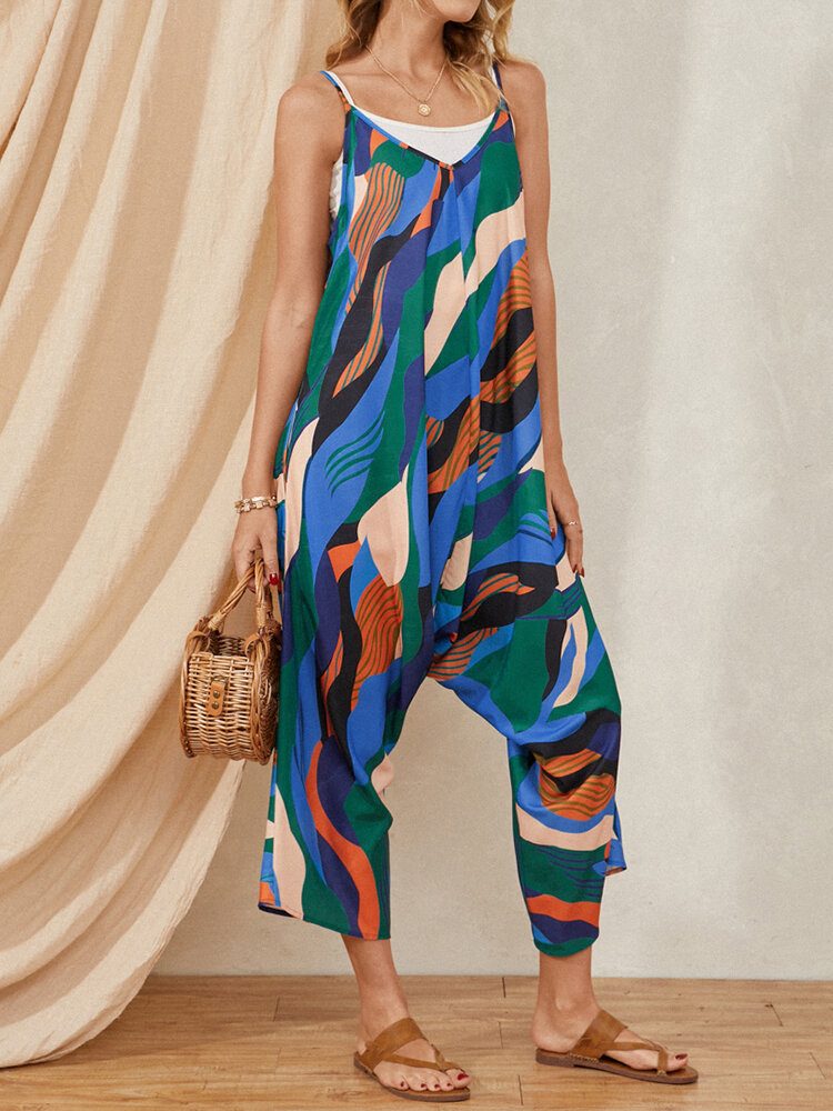 Multicolor Color Block Print Snøring Lommestropp Uformell Jumpsuit