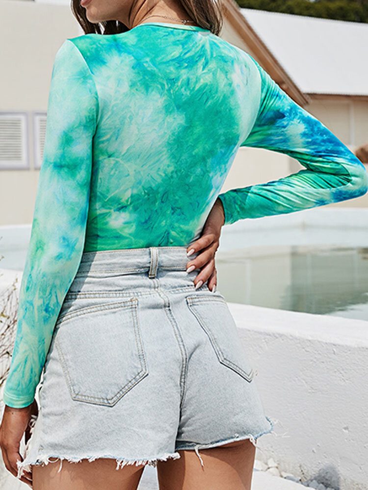 O-hals Langermet Tie Dye Print Tettsittende Sportsbody