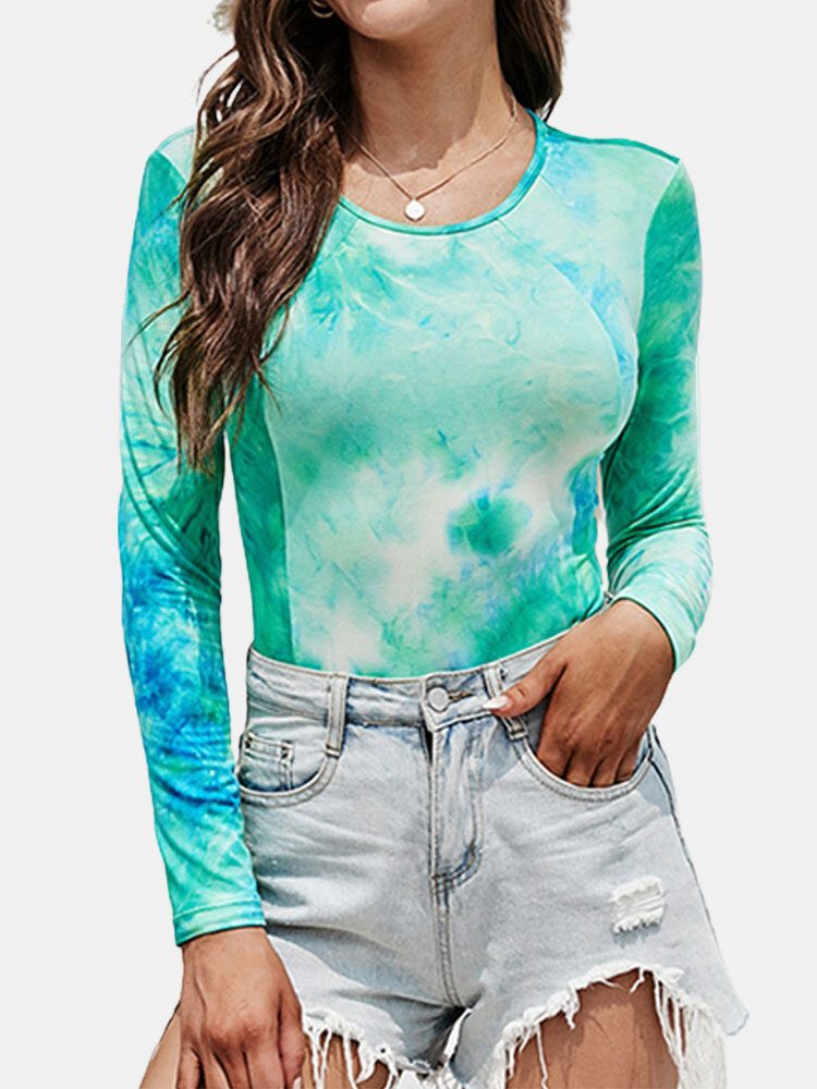 O-hals Langermet Tie Dye Print Tettsittende Sportsbody