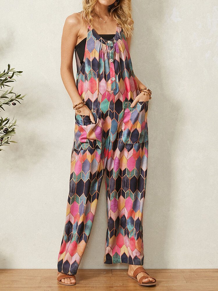 Retro Geometrisk Trykte Stropper Patchwork Jumpsuit Med Lomme