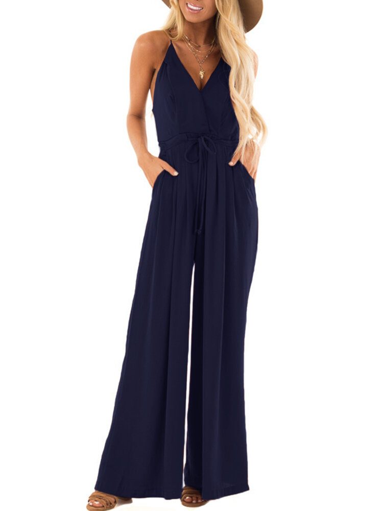 V-hals Camisole Solid Elegant Jumpsuits