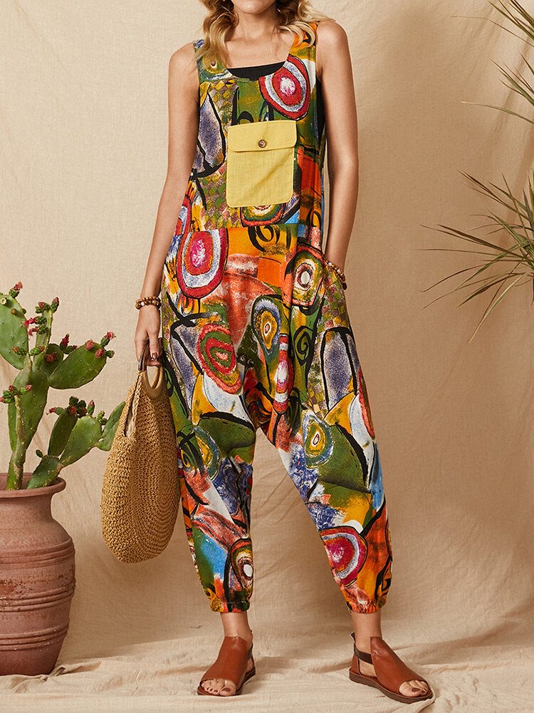 Vintage Graffiti Print Patchwork Stropp Ermeløs Pocket Jumpsuit