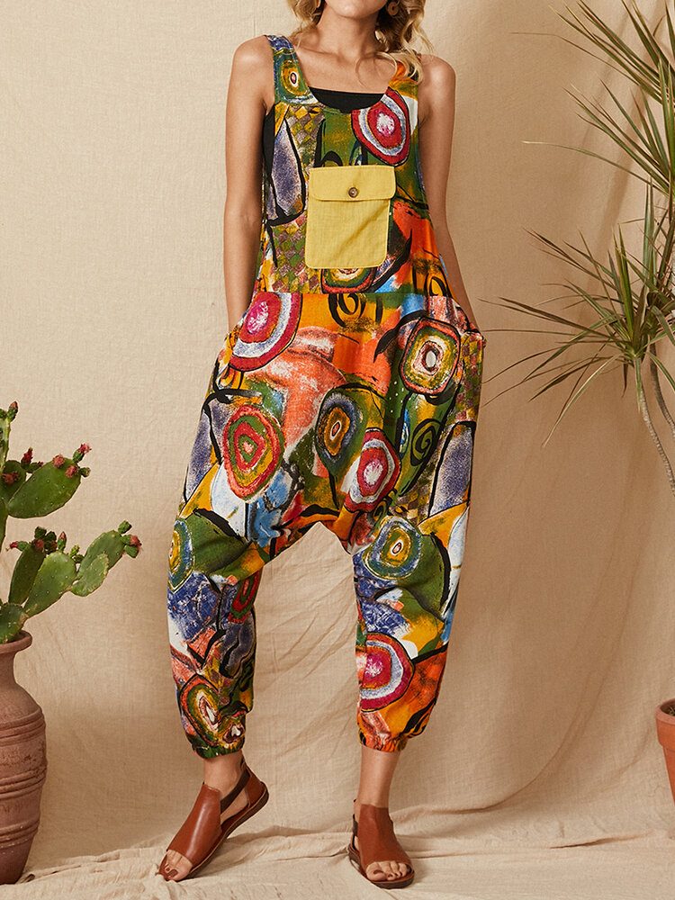 Vintage Graffiti Print Patchwork Stropp Ermeløs Pocket Jumpsuit