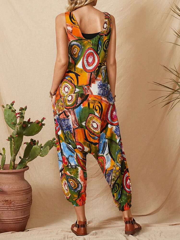 Vintage Graffiti Print Patchwork Stropp Ermeløs Pocket Jumpsuit