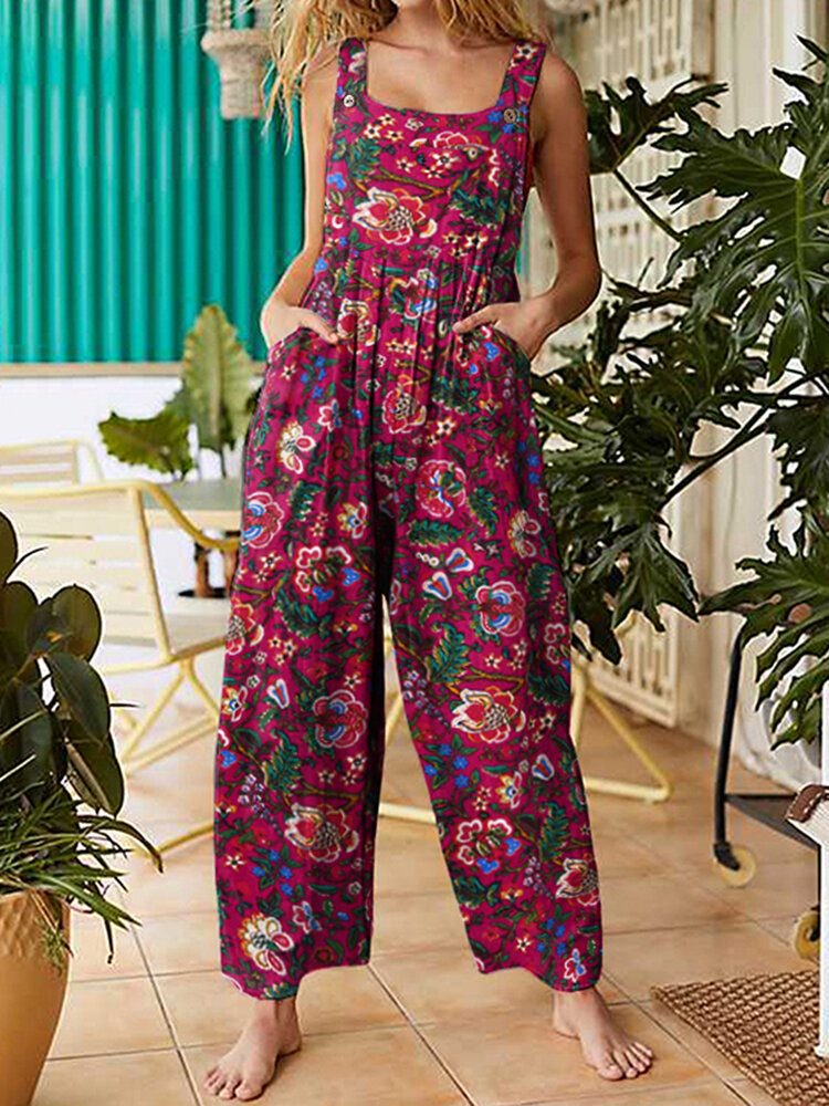 Women All Over Floral Print Dobbellomme Retro Strappy Jumpsuits