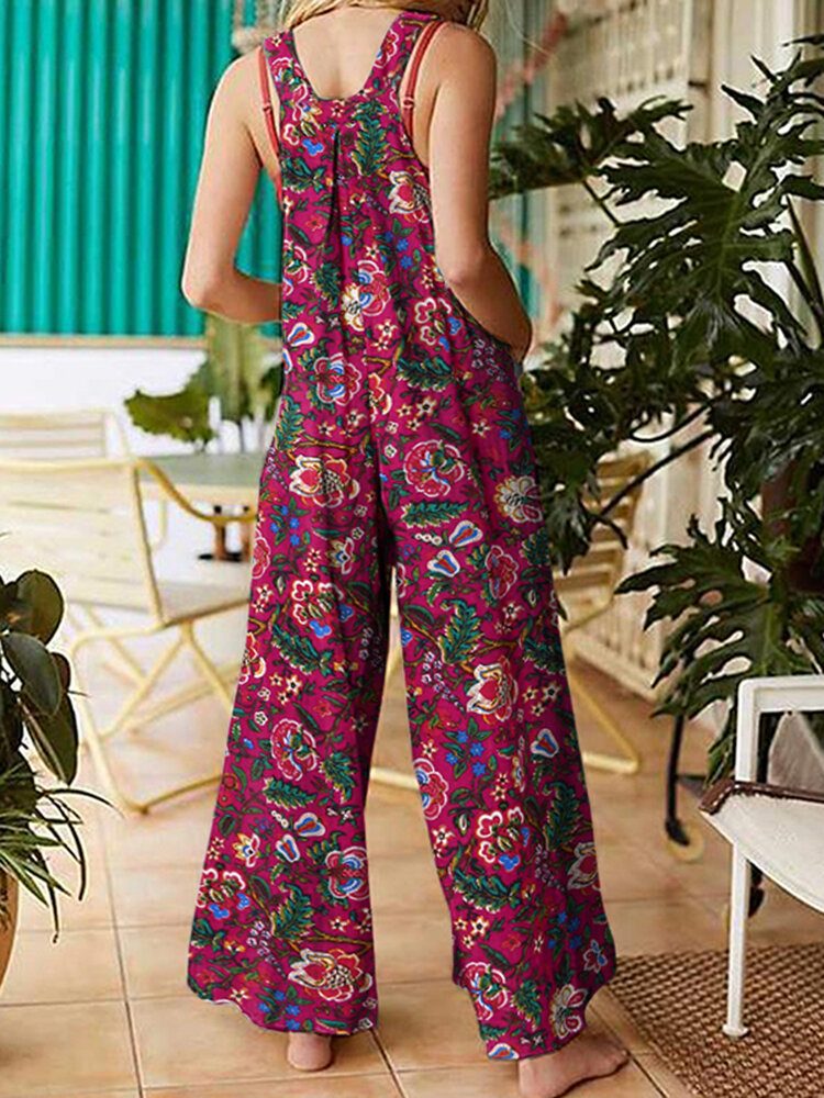 Women All Over Floral Print Dobbellomme Retro Strappy Jumpsuits