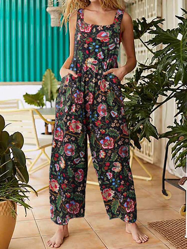 Women All Over Floral Print Dobbellomme Retro Strappy Jumpsuits