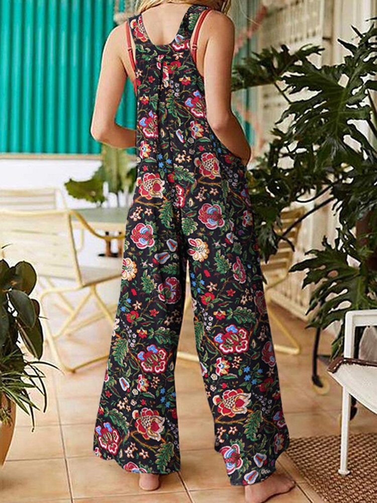 Women All Over Floral Print Dobbellomme Retro Strappy Jumpsuits