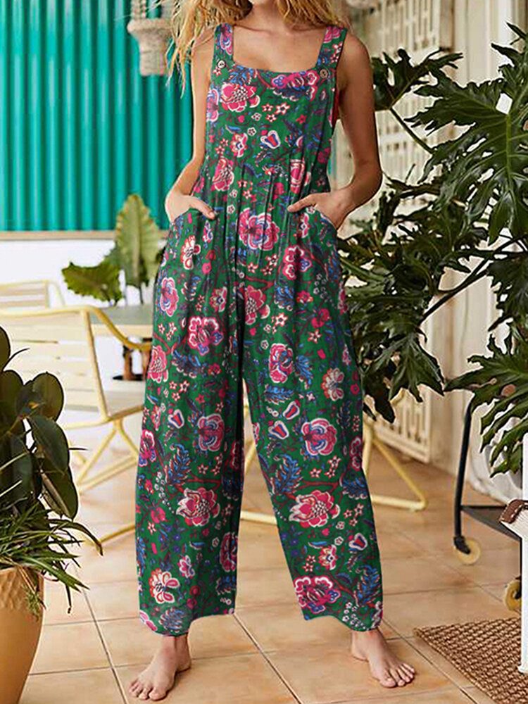 Women All Over Floral Print Dobbellomme Retro Strappy Jumpsuits