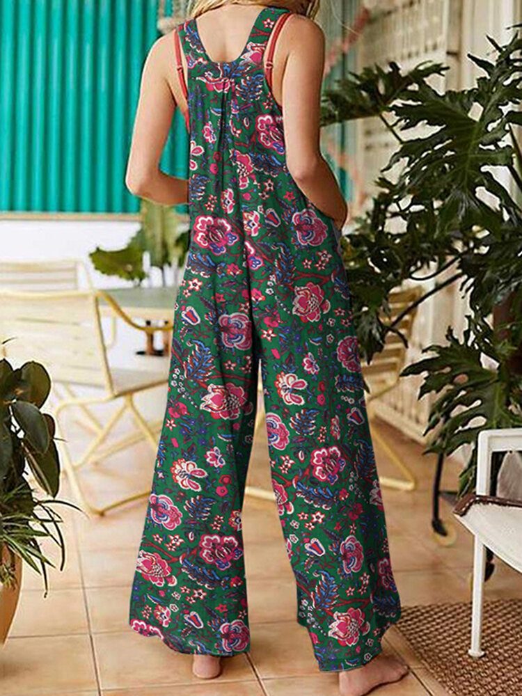 Women All Over Floral Print Dobbellomme Retro Strappy Jumpsuits