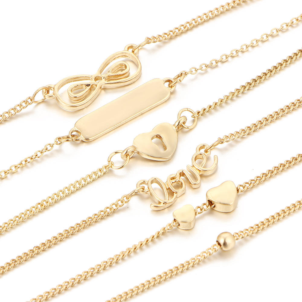 6 Stk/sett Trendy Hjerteform Lucky Chain Love Gullfarge Ankelsmykker For Kvinner