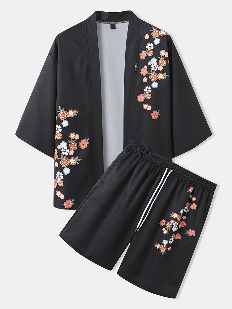 Blomstertrykk For Menn Med Åpen Front Kimono To-delers Antrekk