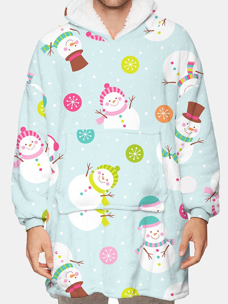 Cartoon Snowman Print Fleeceforet Varmt Pledd Hettegenser Vendbar Loungewear Med Lomme