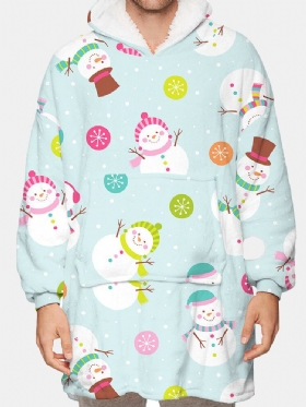 Cartoon Snowman Print Fleeceforet Varmt Pledd Hettegenser Vendbar Loungewear Med Lomme