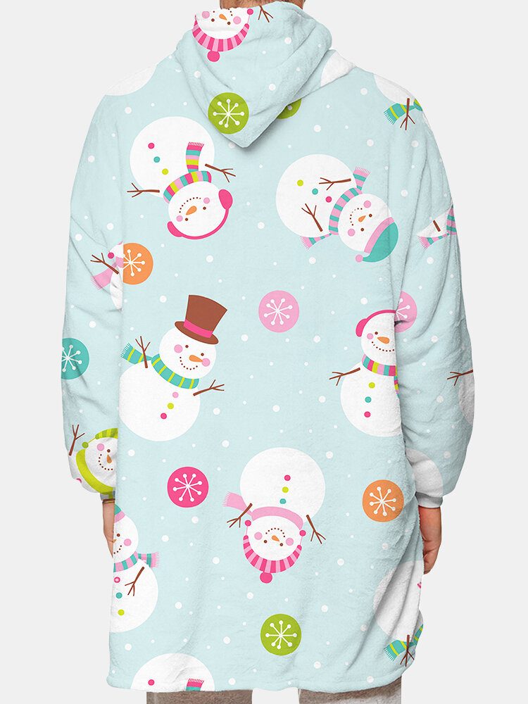 Cartoon Snowman Print Fleeceforet Varmt Pledd Hettegenser Vendbar Loungewear Med Lomme