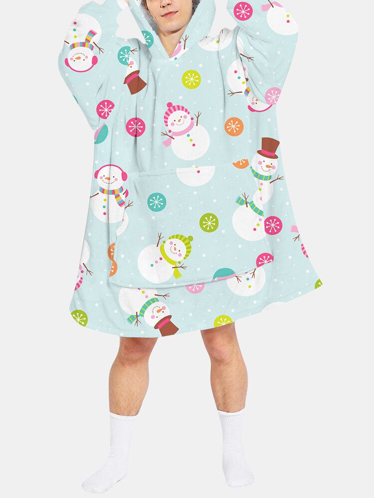 Cartoon Snowman Print Fleeceforet Varmt Pledd Hettegenser Vendbar Loungewear Med Lomme