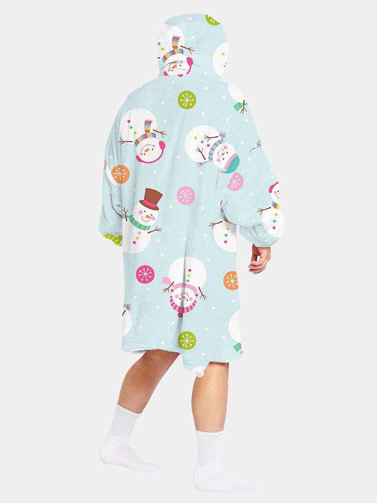 Cartoon Snowman Print Fleeceforet Varmt Pledd Hettegenser Vendbar Loungewear Med Lomme