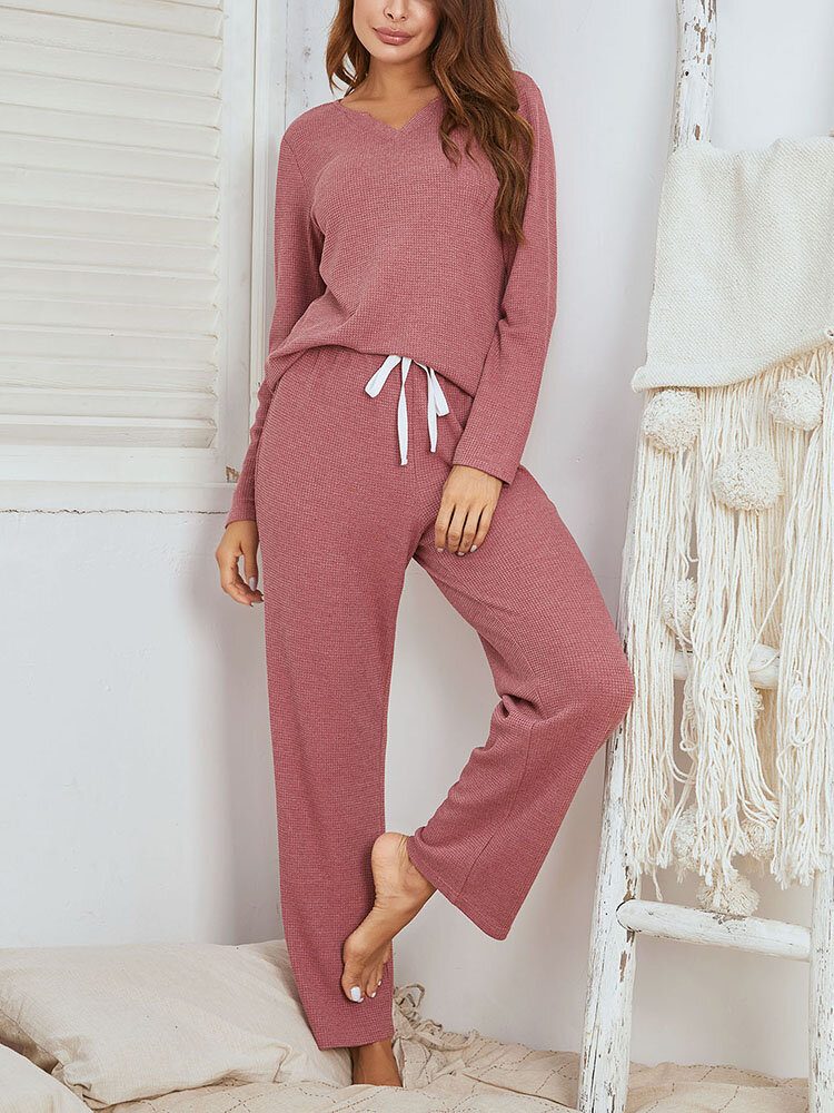 Dame Brief Style Ensfarge Pluss Størrelse V-hals Todelt Home Lounge Pyjamassett