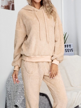 Dame Ensfarget Fleece Pullover Hettegenser Joggerbukser Todelt Hjem Fuzzy Pyjamassett