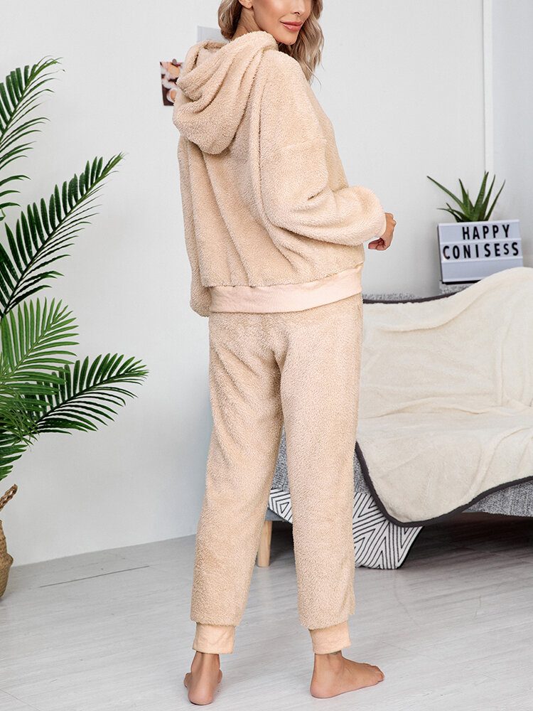 Dame Ensfarget Fleece Pullover Hettegenser Joggerbukser Todelt Hjem Fuzzy Pyjamassett