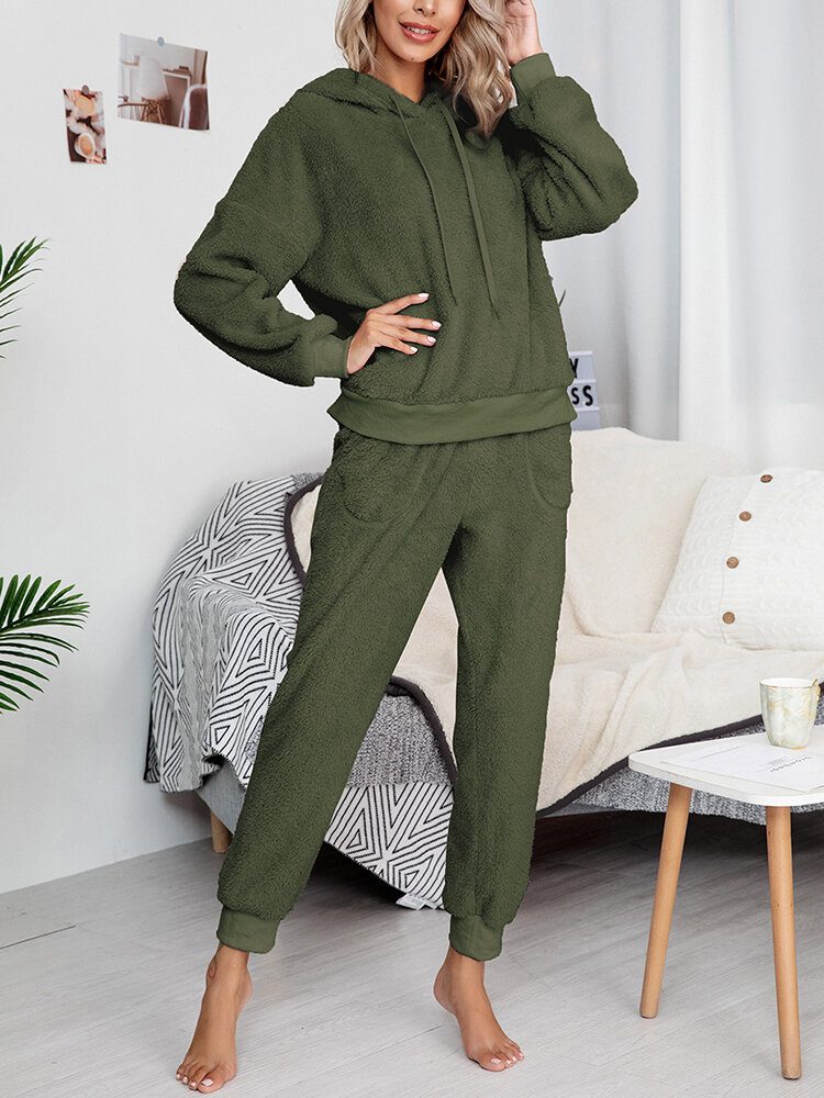 Dame Ensfarget Fleece Pullover Hettegenser Joggerbukser Todelt Hjem Fuzzy Pyjamassett