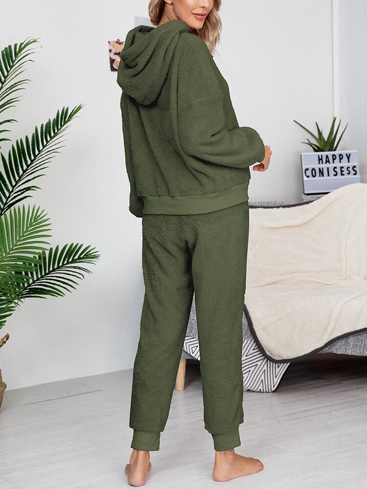 Dame Ensfarget Fleece Pullover Hettegenser Joggerbukser Todelt Hjem Fuzzy Pyjamassett