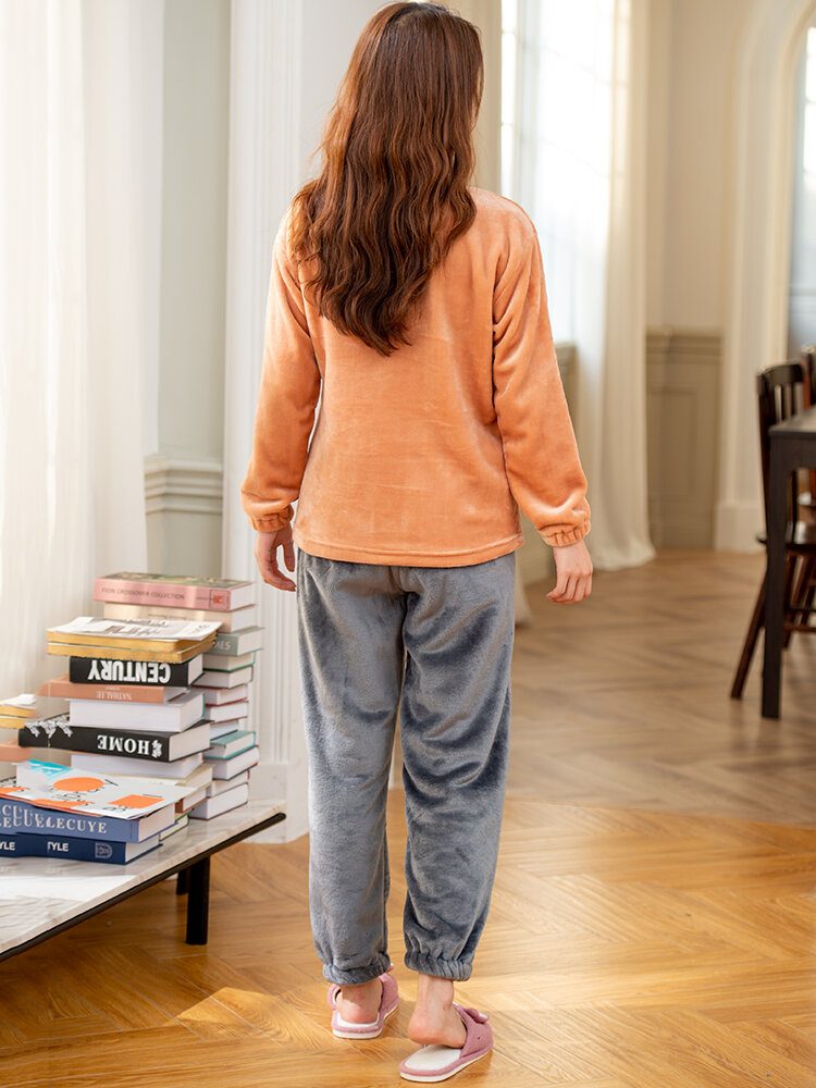 Dame Flanell Letter Dyrebroderi Rundhals Pullover Varm Koselig Elastisk Mansjett Pyjamassett