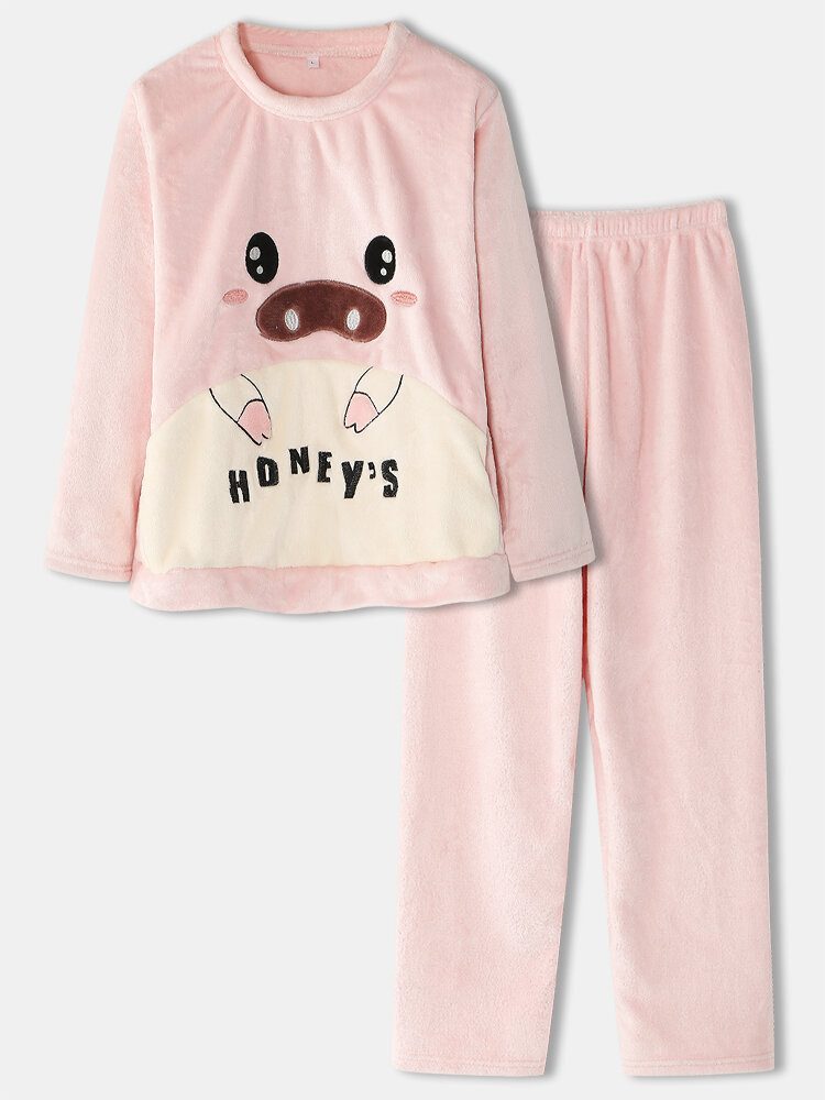 Dame Flanell Pig Grafikk Langermede Sweatshirts Elastiske Midjebukser Thicken Home Pyjamassett