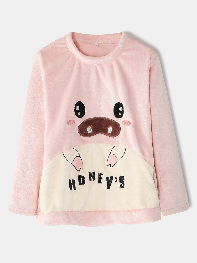 Dame Flanell Pig Grafikk Langermede Sweatshirts Elastiske Midjebukser Thicken Home Pyjamassett