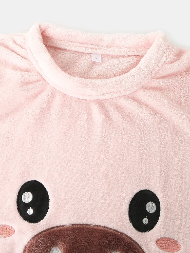 Dame Flanell Pig Grafikk Langermede Sweatshirts Elastiske Midjebukser Thicken Home Pyjamassett