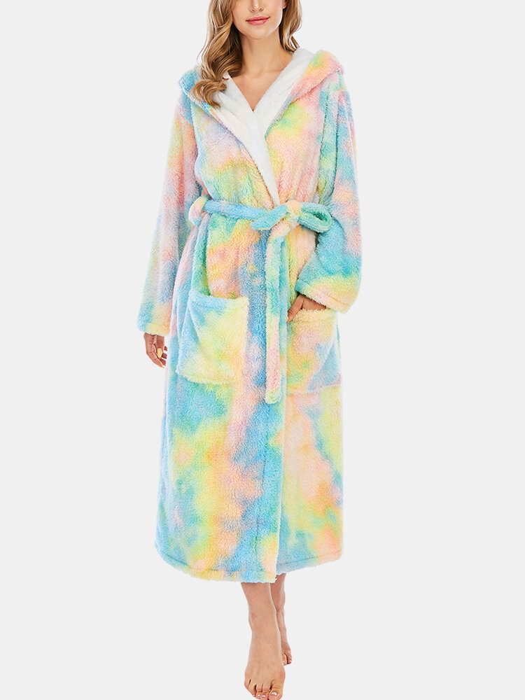 Dame Fleece Tie Dye Dobbel Lomme Langermet Hette Nattøy Hjemmekåper