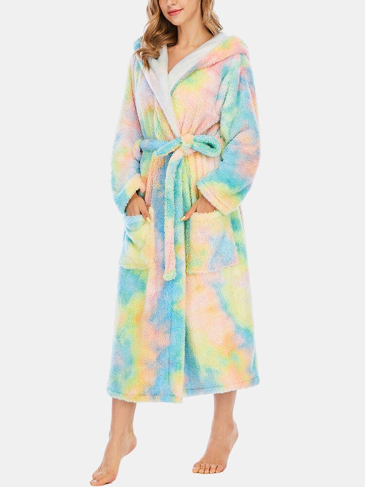 Dame Fleece Tie Dye Dobbel Lomme Langermet Hette Nattøy Hjemmekåper