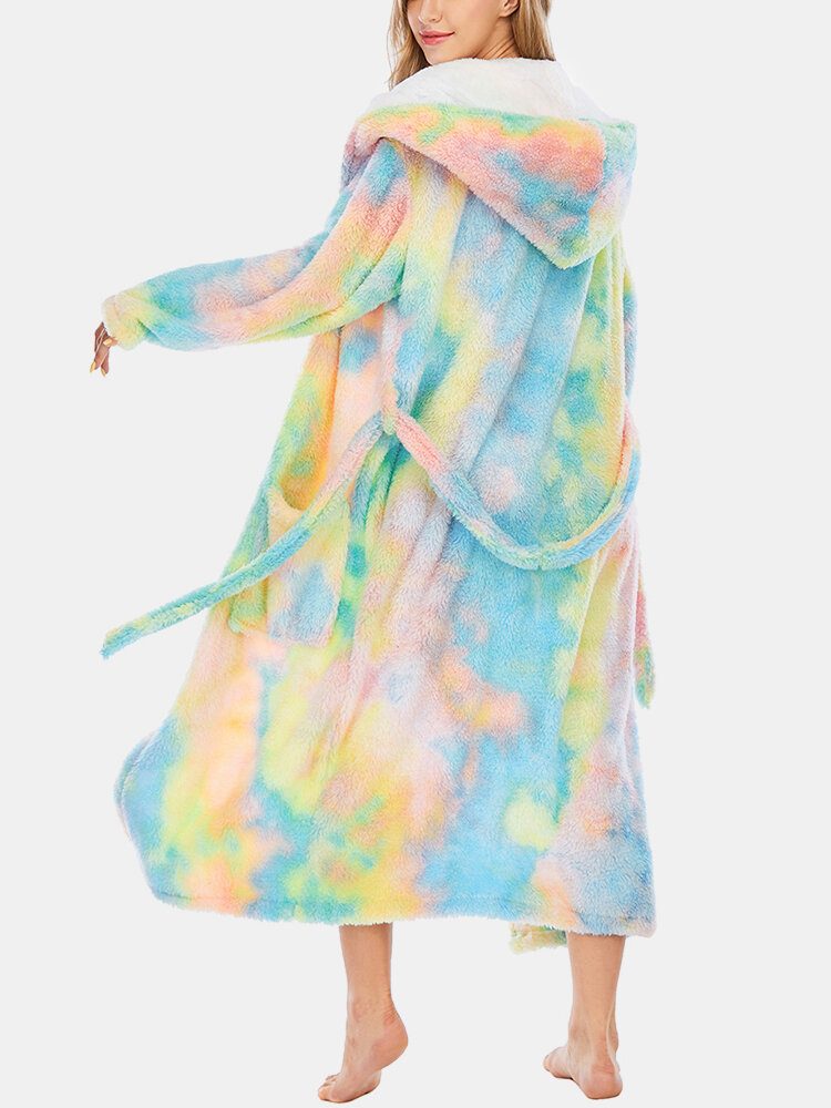 Dame Fleece Tie Dye Dobbel Lomme Langermet Hette Nattøy Hjemmekåper