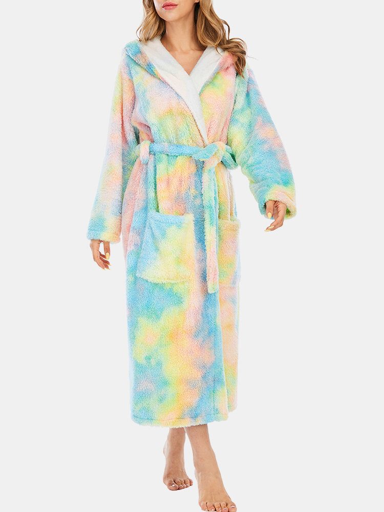 Dame Fleece Tie Dye Dobbel Lomme Langermet Hette Nattøy Hjemmekåper