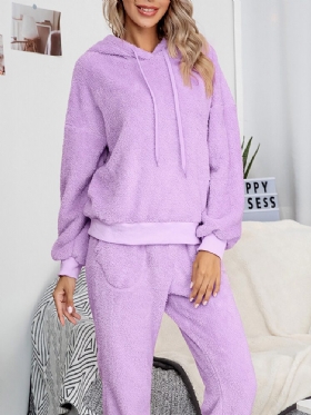 Dame Fleece Tykk Ensfarget Pullover Hettegenser Joggerbukser Hjem Uformelt Pyjamassett