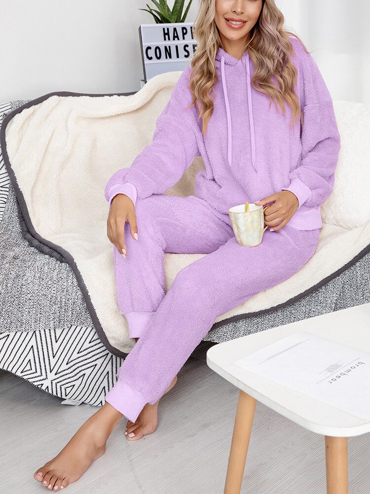 Dame Fleece Tykk Ensfarget Pullover Hettegenser Joggerbukser Hjem Uformelt Pyjamassett